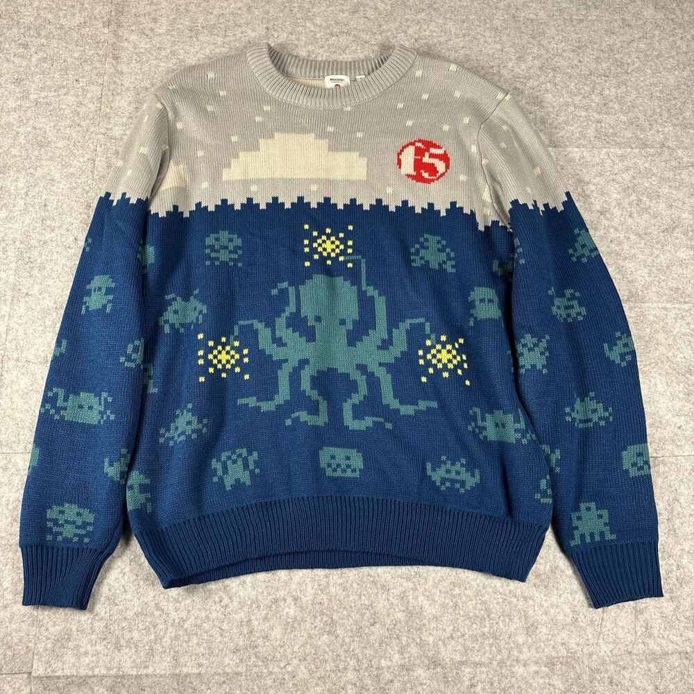 Roody Ugly Christmas Sweater Blue Gray F5 Octopus Promo Shop Men's Large EUC